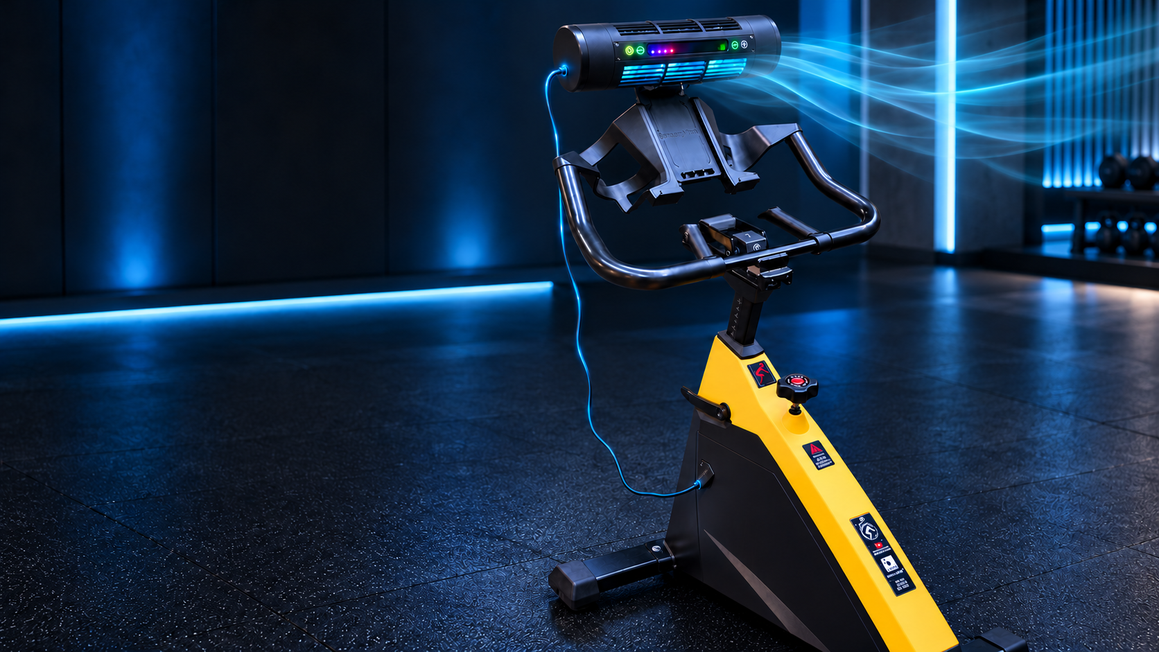 A SensoryWind fan on a spin bike handlebar releasing a soft blue breeze, plugged into the frame